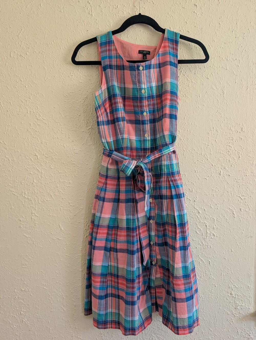 Talbots Petite Pink And Blue Plaid Sleeveless Dress
